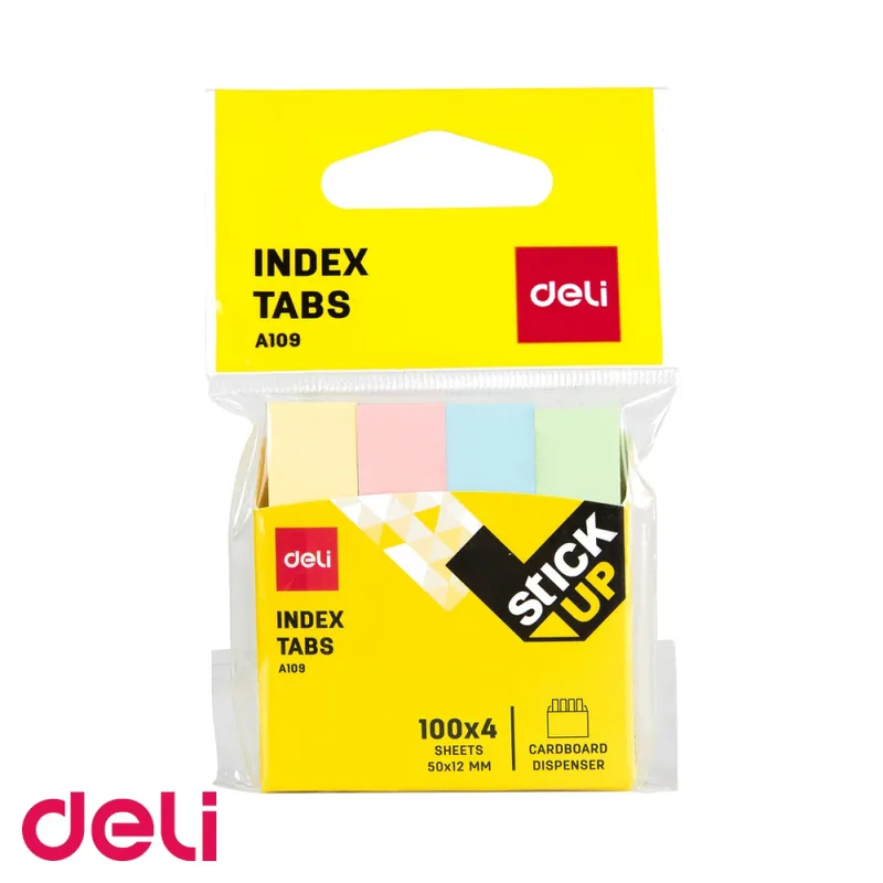 Ultima șansă Index adeziv hartie Deli, 4 culori pastelate, 12x50mm, 100 file/culoare, pentru organizare rapida documente