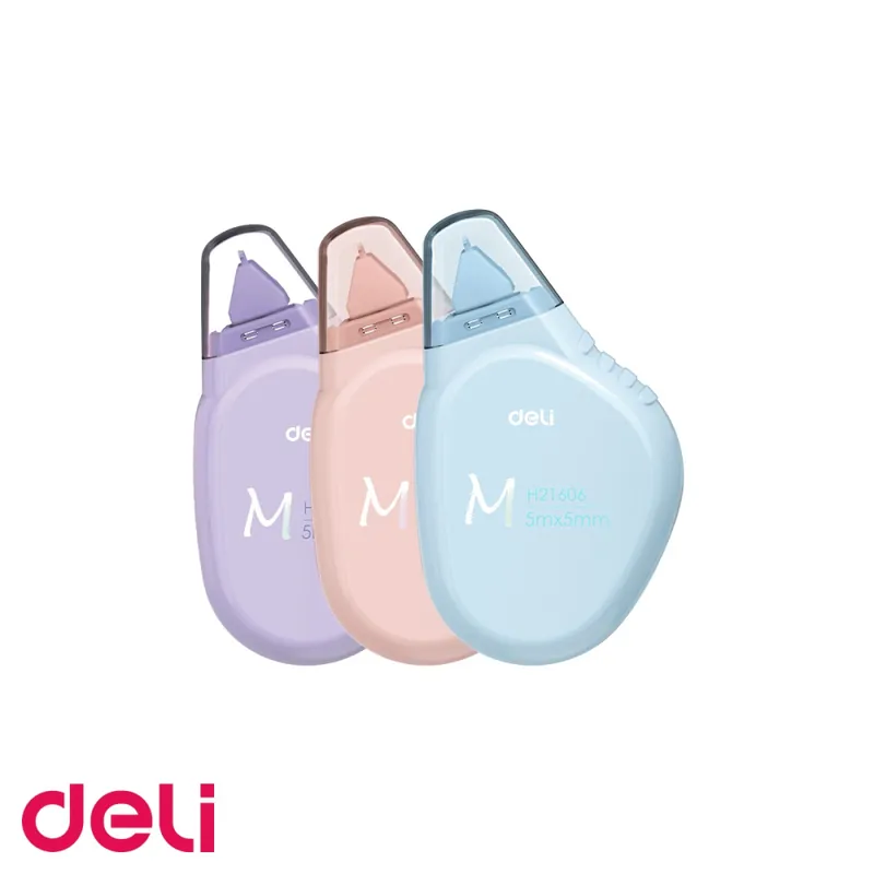 Banda corectoare Deli Macaron, 5mm x 5m, forma ergonomica, culori asortate, pentru birou si scoala Disponibil imediat