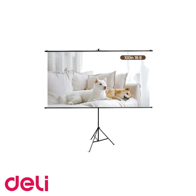 Ultima șansă Ecran de proiectie manual pe trepied Deli, 220 x 124.5 cm (100 inch), unghi de vizualizare 160 grade, pentru prezentari si home cinema