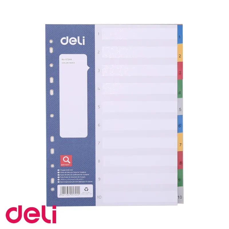Ultima șansă Set 10 separatoare index plastic Deli, format A4, 1-10, cu 11 perforatii, pentru organizare documente