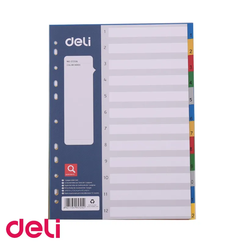 Super ofertă Set 12 separatoare index plastic color Deli, format A4, cu 11 perforatii, pentru organizare documente