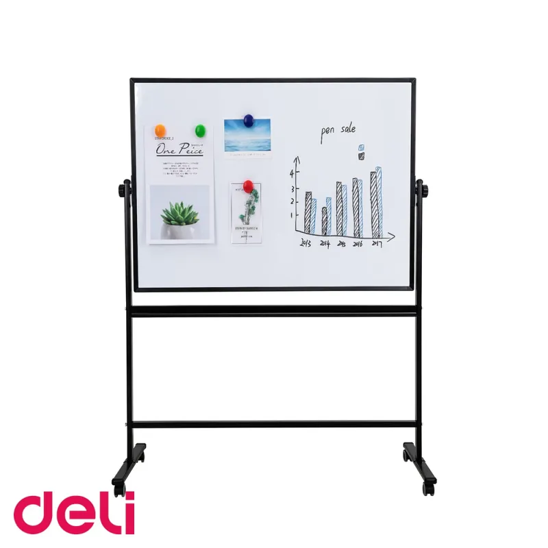 Vezi acum Whiteboard magnetic mobil Deli, 2 fete, rama aluminiu, 90x120 cm, cu roti blocabile, pentru prezentari