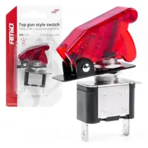 Comutator Iluminat (Intrerupator) Cu Protectie, Destinatie Auto, Moto, Atv, Ssv, Off-Road, Model "Top Gun", Tensiune 12V - 24V, Culoare Rosie Lichidare de stoc