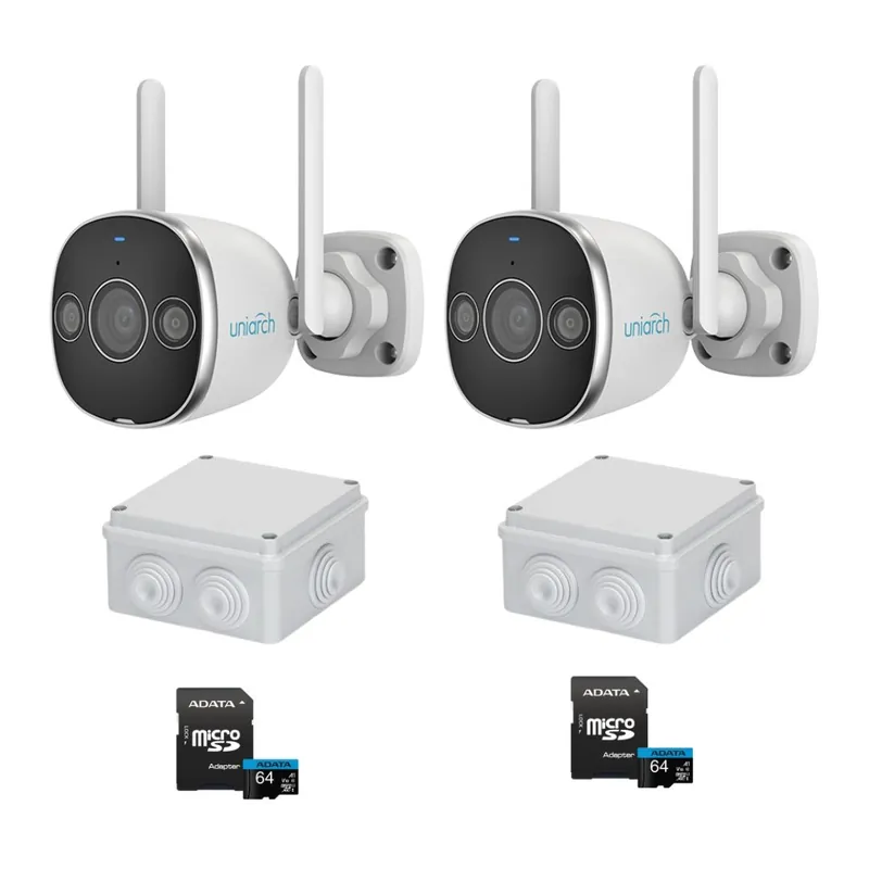 Sistem supraveghere Wi-Fi Uniarch, 2 camere, 3MP, IR 20m, Lumina alba 10m, Audio bidirectional, Doze montaj, Card MicroSD 64GB Cumpără online
