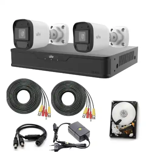 Sistem de supraveghere Uniview cu 2 camere 5MP, Audio, Infrarosu 20m, DVR Hibrid cu 4 canale 5MP, HDD, accesorii Calitate înaltă