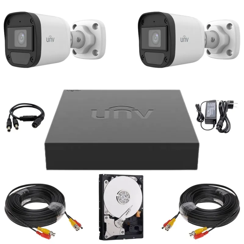 Lichidare de stoc Sistem supraveghere Uniview, 2camere, 2MP Full HD, Microfon, Infrarosu 20m, DVR, Accesorii montaj incluse