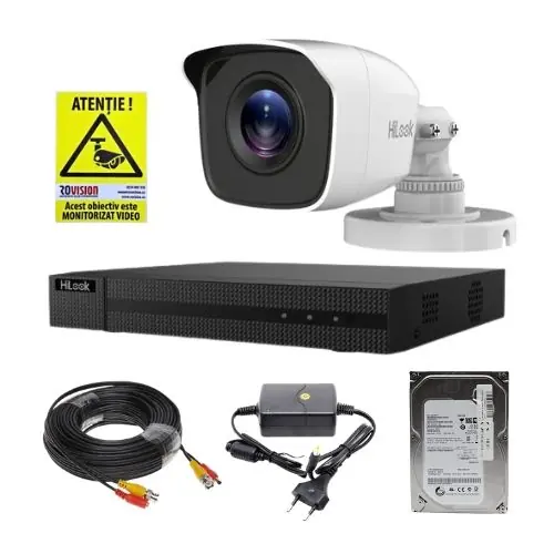 Reducere Sistem supraveghere analog Hikvision Hilook, 1 camera 2 MP, lentila 2.8mm, IR 20m, DVR 4 canale 4 MP, hard disk 500GB, accesorii