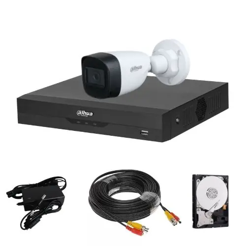 Noutate Kit supraveghere Dahua, 1 camera 2MP, lentila 2.8mm, IR 30m, DVR4 canale, 5MP, 1 x HDD, accesorii