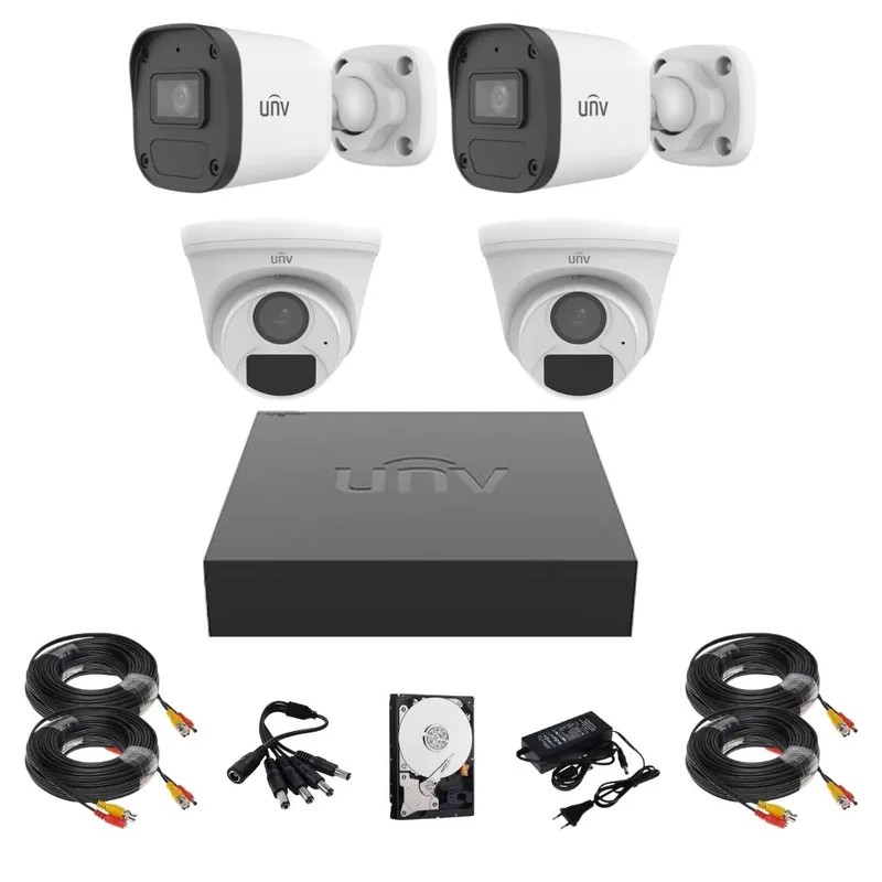Bestseller Sistem supraveghere complet Uniview, 2 camere de exterior, 2 camere de interior, 2MP, IR 20m, microfon, DVR, Accesorii montaj