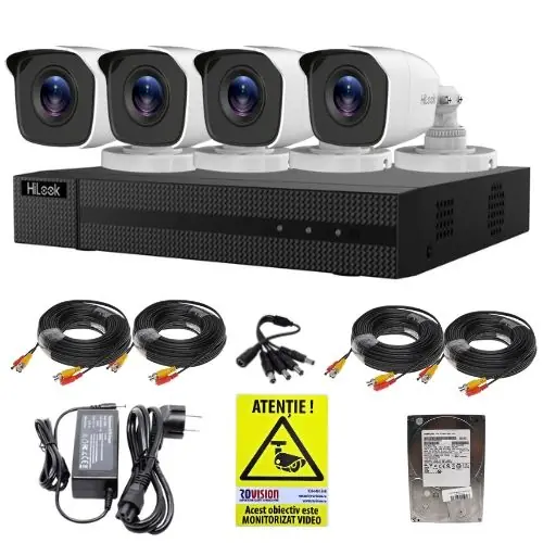 Sistem supraveghere HiLook 4 camere exterior Full HD 2MP infrarosu 20m IP66, DVR 4 canale 2MP, accesorii, HDD 500GB + Autocolant Rovision Promoție