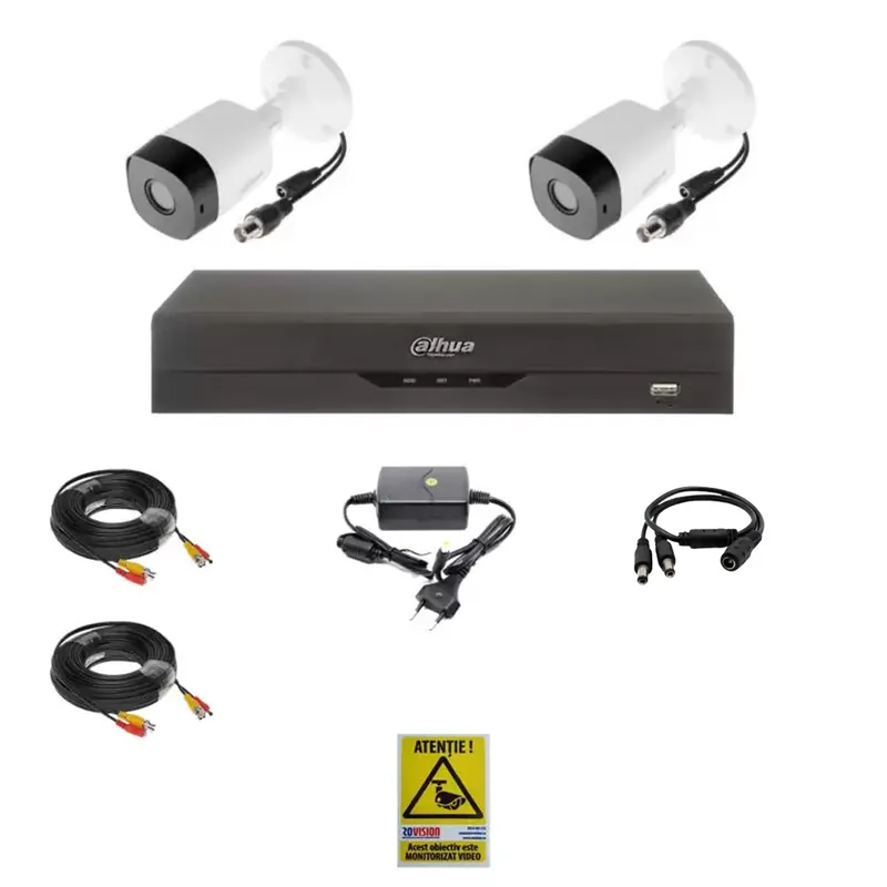 Sistem supraveghere video profesional Dahua exterior 2 camere 2MP, Smart IR20m cu DVR DAHUA 4 canale, live internet Cel mai vândut