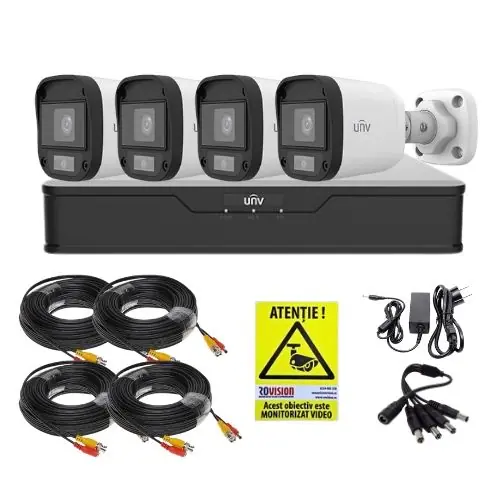 Discount Kit supraveghere 4 mini camere Uniview, 5MP, ColorHunter, Lumina Alba 20m, Vedere color pe timp de noapte, DVR 4 canale, Accesorii montaj, Vizualizare de pe telefon