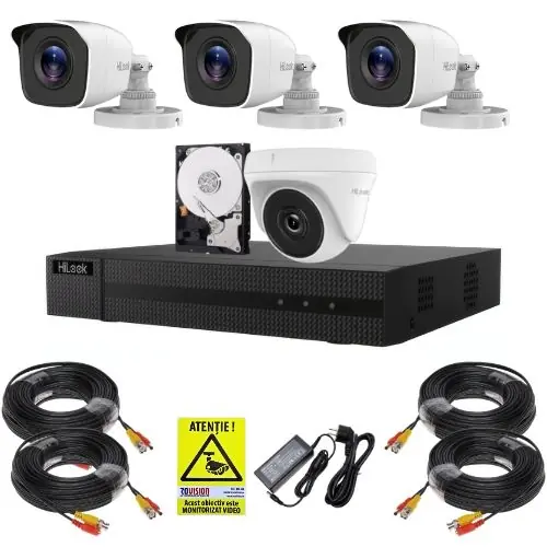 Plată sigură Sistem supraveghere complet Hilook, 3 camere de exterior, Full HD 2MP, infrarosu 20m, 1 camera de interior 2MP Full HD, IR 20m, Vizualizare de pe mobil, HDD 500GB, NVR 4 canale