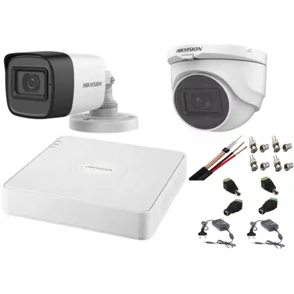 Sistem supraveghere mixt audio-video Hikvision 2 camere Turbo HD 2MP DVR 4 canale Lichidare de stoc