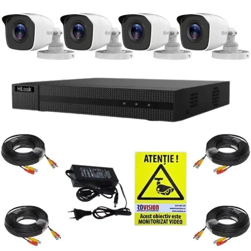 Expediere rapidă Kit supraveghere Hikvision Hilook, 4 camere 2MP, IR 20m, DVR 4 canale, 4MP, Accesorii, Autocolant Rovision
