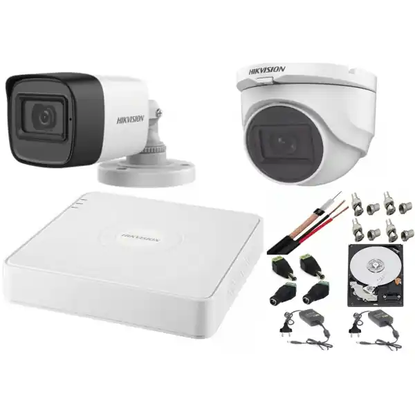 Ieftin Sistem supraveghere mixt audio-video Hikvision 2 camere Turbo HD 2MP DVR 4 canale, HDD 500 GB