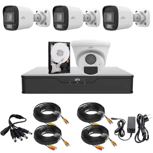 Disponibil imediat Kit supraveghere 3 mini camere Uniview, ColorHunter, 5MP 2K+, Lumina Alba 20m, Vedere color pe timp de noapte, 1 camera dome 2MP, IR 20m, Microfon, Accesorii montaj, Vizualizare de pe telefon