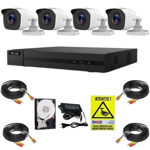 Kit supraveghere Hikvision Hilook, 4 camere 2MP, IR 20m, DVR 4 canale, 4MP, Accesorii, HDD 500GB, Autocolant Rovision Ofertă