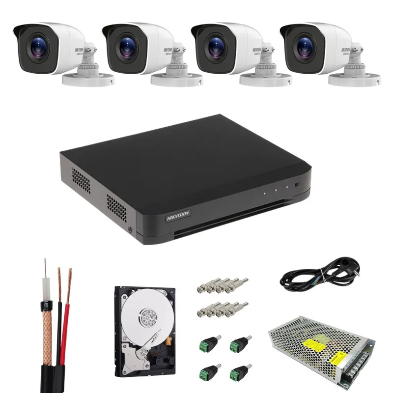 Noutate Sistem supraveghere Hikvision, 4 camere 5MP, Infrarosu 20m, DVR, HDD 500GB, Accesorii montaj inlcuse, Vizualizare imagini pe mobil