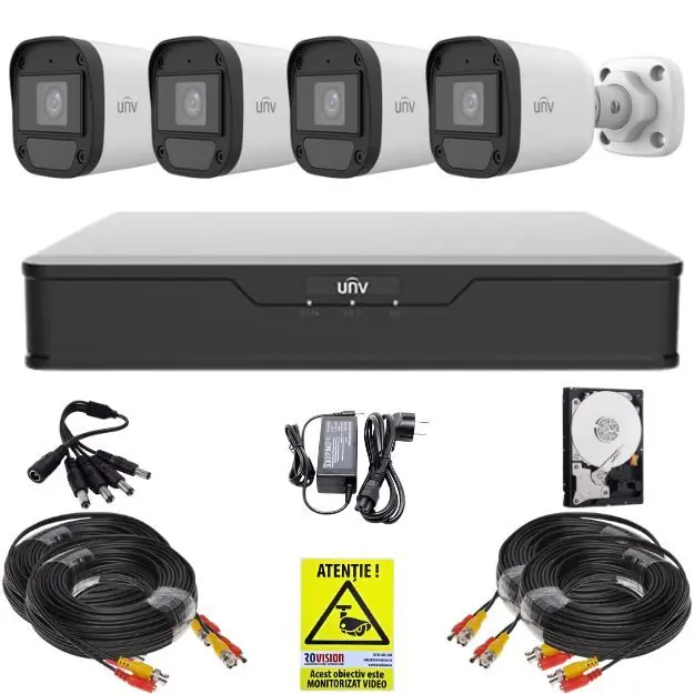 Kit supraveghere Uniview, 4 camere ColorHunter, 5MP, Imagini color noaptea, Lumina Alba 20m, DVR 4 canale, 4MP, Accesorii, HDD 500GB, Autocolant Rovision Preț mic