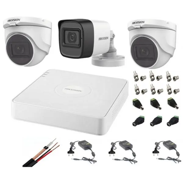 Preț mic Sistem supraveghere mixt audio-video Hikvision 3 camere Turbo HD 2MP DVR 4 canale