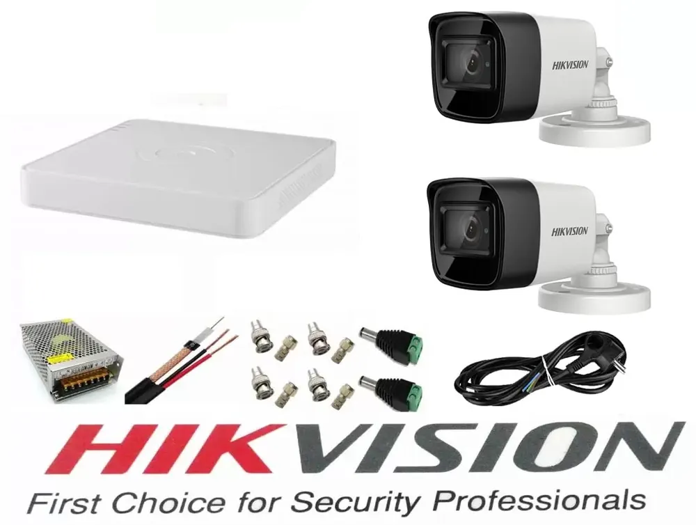 Preț promoțional Sistem supraveghere video Hikvision 2 camere 5MP Turbo HD IR 80M cu DVR Hikvision 4 canalefull accesorii cablu coaxial