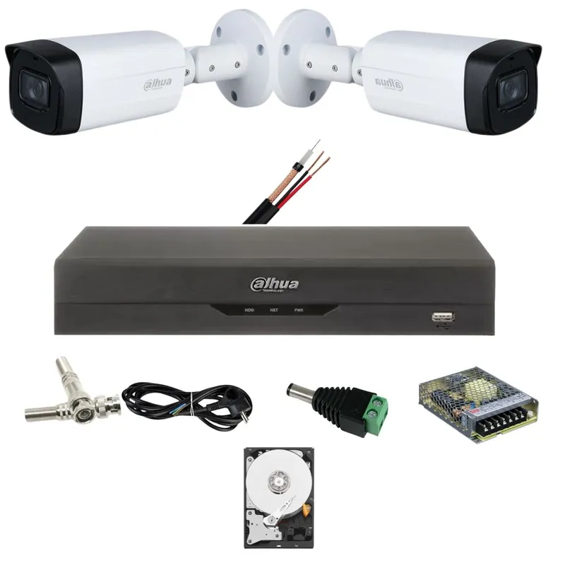Ofertă de sezon Kit 2 camere supraveghere Dahua 5 MP, IR 80M, lentila 3.6mm, Starlight, DVR Dahua 4 canale, 5 MP, Accesorii