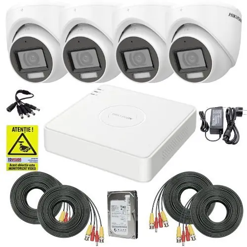 Disponibil imediat Sistem supraveghere Hikvision, 4 camere 2MP, Dual Light 20m, Microfon, DVR 4 canale, 2MP, Accesorii montaj, HDD 500GB, Autocolant Rovision