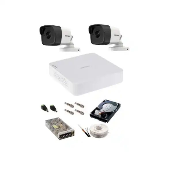 Ofertă specială Kit complet supraveghere 5 MP Hikvision Turbo HD cu 2 camere Bullet IR 20 m,alimentatori, cabluri, mufe, HDD 500 Gb, vizualizare pe internet