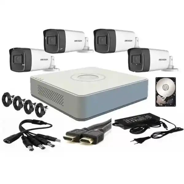 Noutate Kit supraveghere video Hikvision 4 camere 2MP FULLHD 1080p IR 40m+ accesorii instalare, HDD 500GB