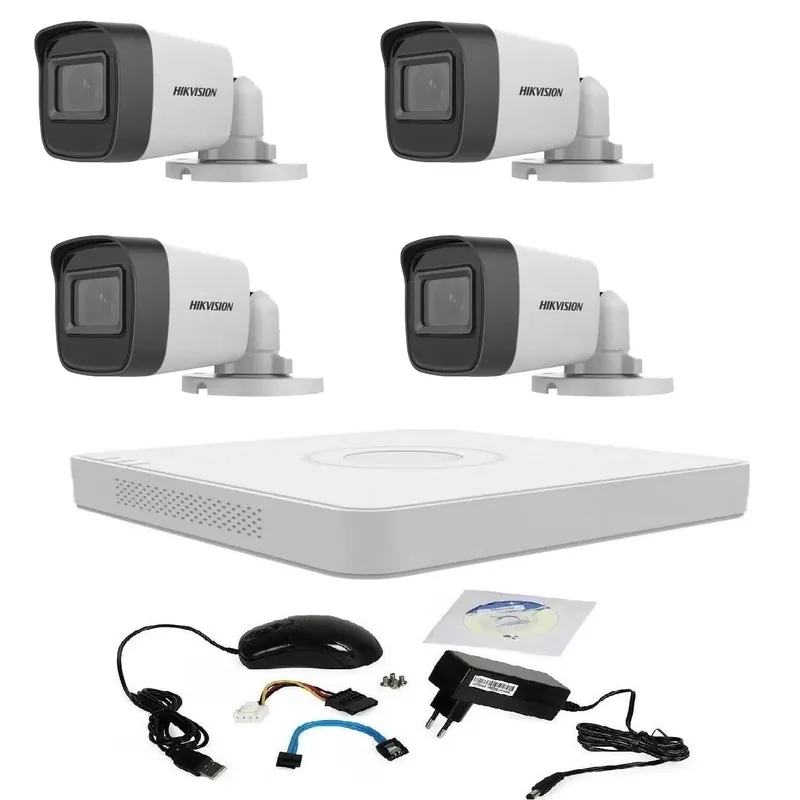 Kit supraveghere video 5 MP Hikvision Turbo HD cu 4 camere DVR 4 canale si cadou cablu HDMI vizualizare pe telefon mobil Cumpărături sigure