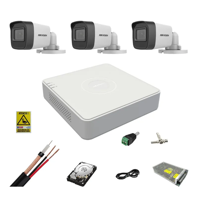 Kit complet supraveghere 5MP Hikvision cu 3 camere Bullet IR 25m, alimentatori, cabluri, mufe, HDD 500 Gb, vizualizare pe internet Ofertă