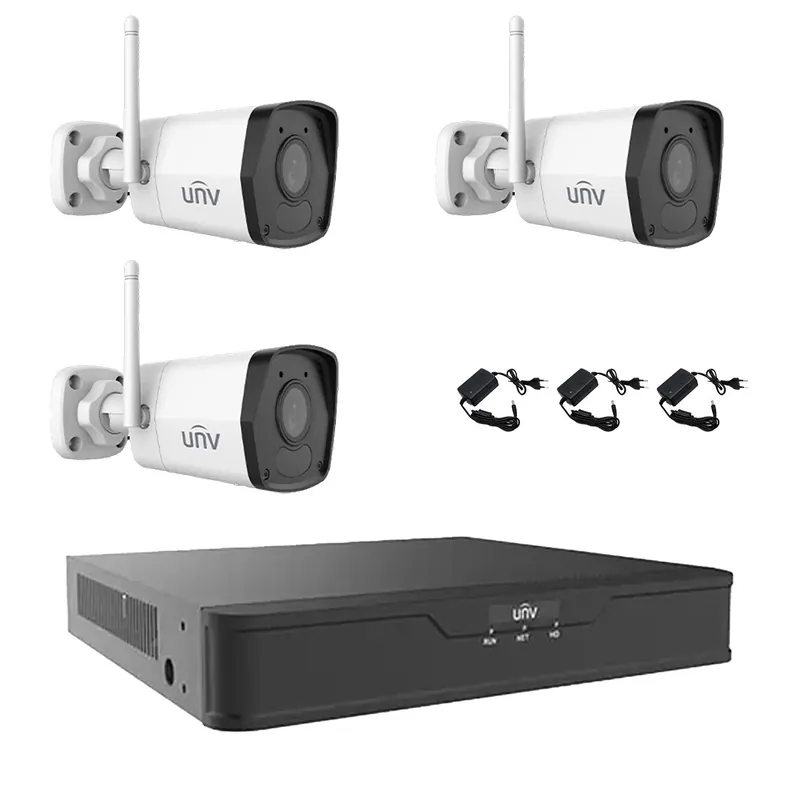 Preț redus Sistem de supraveghere 3 camere Wi-Fi IP 2MP UNV, Smart IR 30m, 2.8mm, Microfon, NVR 4 canale 4K, accesorii