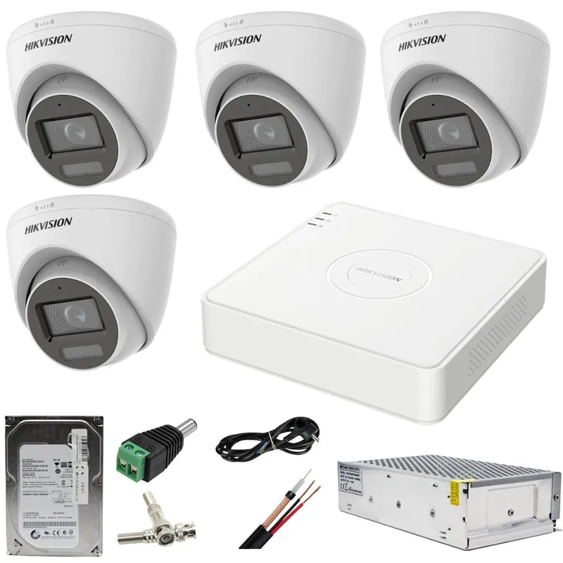 Sistem supraveghere Hikvision 4 camere 5MP Dual Light WL 20m IR 20m DVR 5MP AcuSense cu accesorii incluse HDD 500GB Promoție
