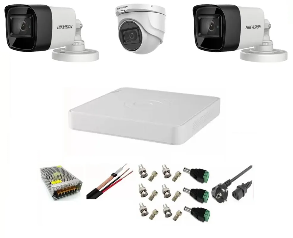 Reducere specială Sistem supraveghere video Hikvision 3 camere 5MP, 2 exterior Turbo HD IR 80 M 1 interior IR 20m cu full accesorii