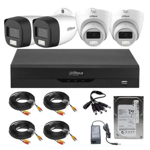 Retur ușor Sistem Supraveghere Mixt Dahua, 2x Bullet 2MP IR + 2x Dome Dual Light 2MP, Microfon Integrat, DVR 4 Canale, HDD 500GB, Accesorii