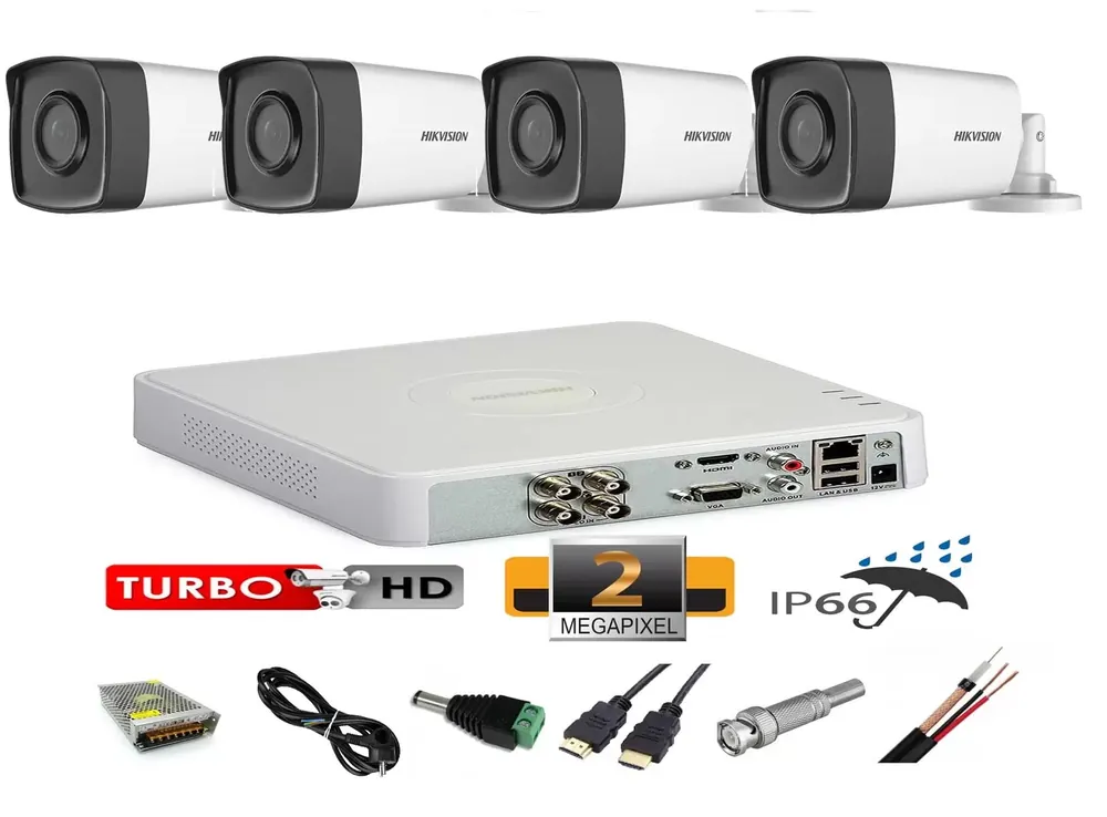 Sistem supraveghere video profesional exterior 4 camere 2MP Hikvision Turbo HD40m IRfull accesoriiaccesorii, internet Preț redus