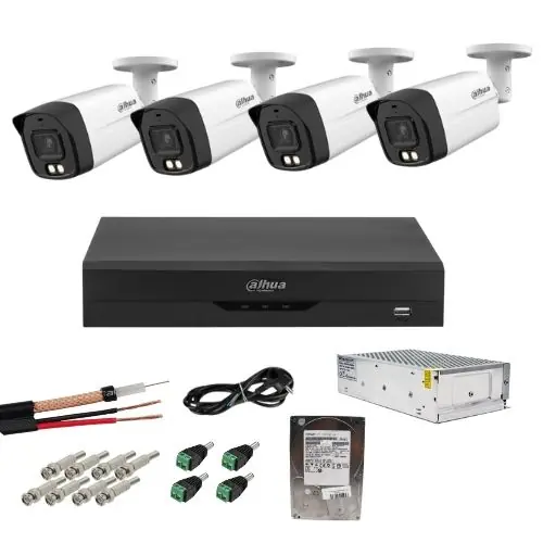 Sistem Supraveghere Analog Dahua cu 4 Camere 2MP Dual Light IR+WL 40m, Lentila 3.6mm, Audio, DVR 4 Canale, HDD 500GB, Accesorii Montaj Expediere rapidă