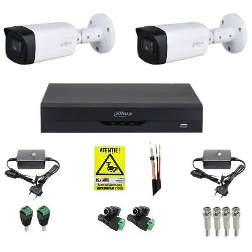 Reducere de preț Kit supraveghere Dahua 2 camere 5MP IR 80m Lnetila 3.6mm, DVR 4 canale 4K 8MP WizSense, accesorii pentru montaj + Autocolant Rovision