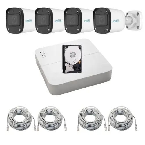 Noutate Sistem supraveghere complet Uniarch, 4 camere IP 2MP Full HD, Infrarosu 30m, Microfon, PoE, NVR 4 canale, Vziualizare de pe mobil, Accesorii montaj, HDD 500GB