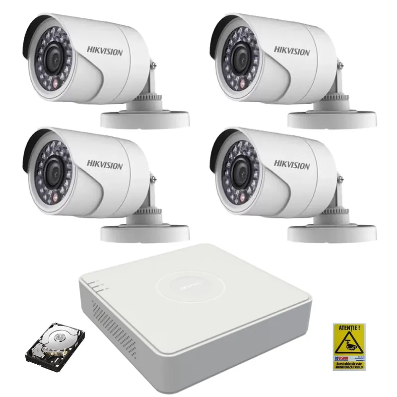 Kit pentru supraveghere, echipament Hikvision Full HD 1080P cu 4 camere de supraveghere cu IR 20 m si HDD 1 Tb Western Digital WD10PURX inclus! Reducere specială