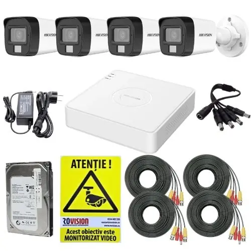 Lichidare de stoc Sistem supraveghere complet Hikvision, 4 camere 5MP 3K Dual Light Audio, DVR 4 canale 3K 5MP, Accesorii, HDD 500GB, Autocolant Rovision