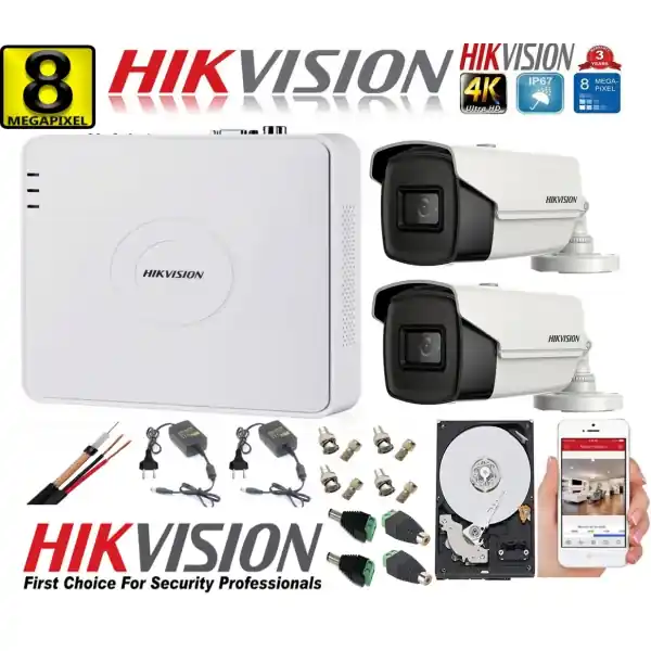 Bestseller Kit supraveghere ultraprofesional Hikvision 2 camere 8MP 4K IR 80M DVR 4 canale accesorii incluse si HDD