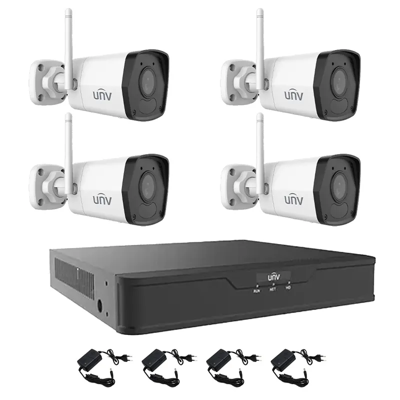 Sistem supraveghere 4 camere Wi-Fi IP 2MP, Smart IR 30m, microfon integrat, NVR 4 canale 4K UNV, accesorii Calitate înaltă