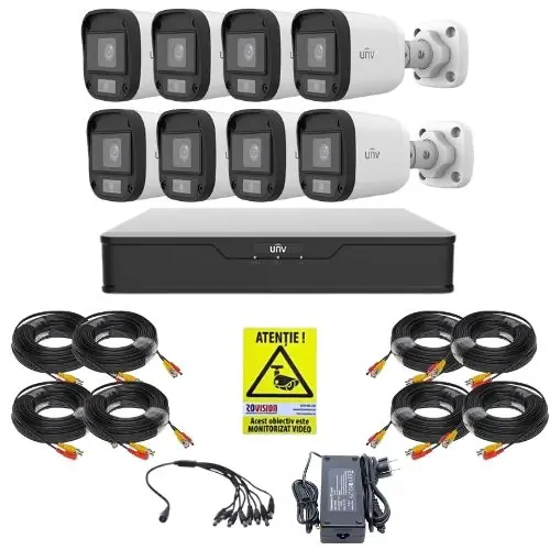 Plată sigură Sistem supraveghere 8 camere Uniview, 5MP, ColorHunter, 5MP 2K+, Lumina Alba 20m, Vedere color pe timp de noapte, DVR 8 canale, Accesorii montaj, Vizualizare de pe telefon