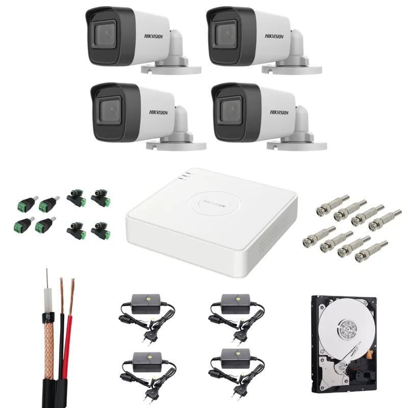 Comandă acum Kit complet de supraveghere Hikvision 4 camere AnalogHD 2MP lentila 2.8mm IR 30m, DVR 4 canale 2MP, HDD si accesorii