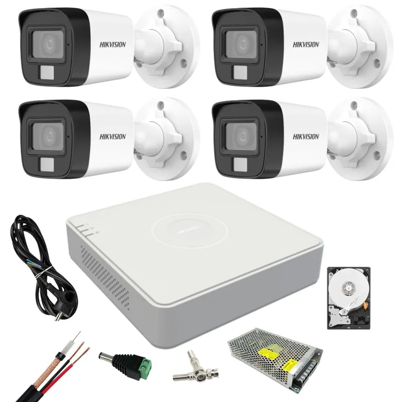 Kit supraveghere Hikvision 4 camere Dual Light, 2MP Lumina alba 20m IR 30m DVR 4 canale 4 MP lite Hard 500, accesorii Reducere specială