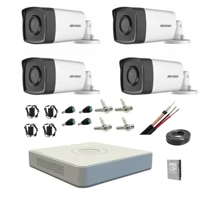 Sistem supraveghere Hikvision 4 camere 2MP IR 80M DVR 4 canale Hard 1TB accesorii Chilipir