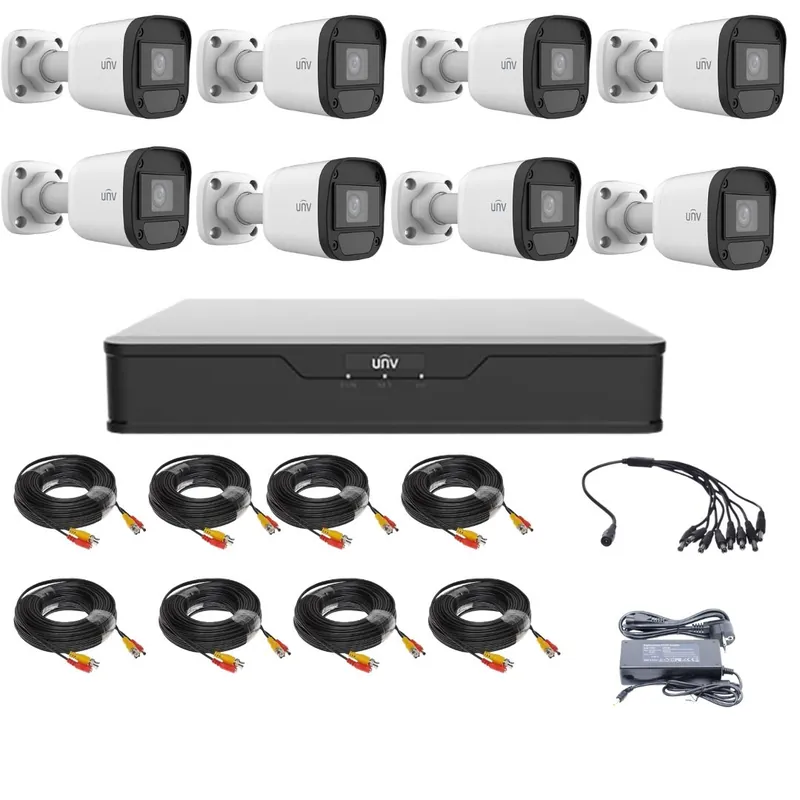 Ultima șansă Kit supraveghere cu 8 camere 5 Megapixeli, Infrarosu 20m,Lentila 2.8mm, XVR 8 canale, accesorii, Uniview