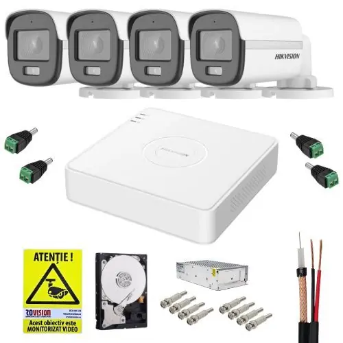Sistem supraveghere cu functii inteligente Hikvision, 4 camere 5MP 3K, Smart Hybrid Light, Microfon, IR 20m, Lumina Alba 20m, DVR 4 canale 5MP, Accesorii incluse, HDD 500GB, Autocolant Rovision Reduceri